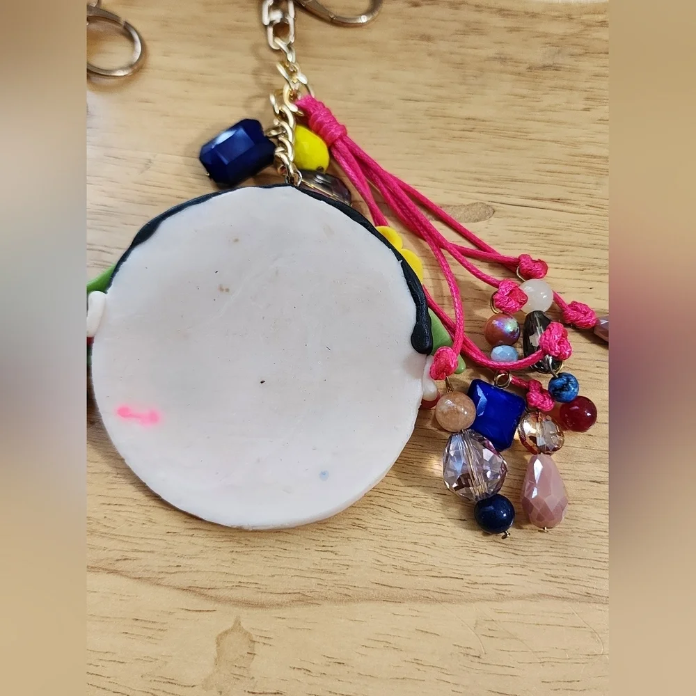 2 Handmade French Clay Frida Kahlo Keychain Colorful Artisan Bag Charm